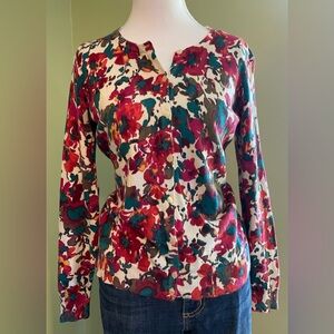 Talbots Petite Cream Floral 100% Cotton Cardigan with Teal & Berry Accents